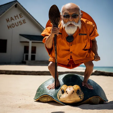 Muten Roshi, on a turtle, with his stick, detailed eyes, (highly detailed skin:1.2), pores on face, (realistic lighting:1.1), (realistic shadows:1.1), ((best quality)), (detailed), 8k uhd, Nikon 70d, ISO200, F/2.8, 1/25sec, 70mm,