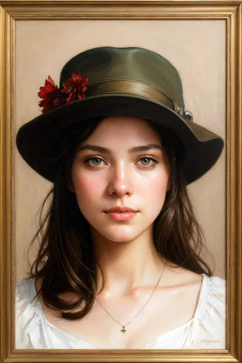 A portrait of a sincere-looking girl, oil on canvas, wearing a hat made by wires ,masterpiece, hi-fructose, artgerm , Norman rockwell, craig mullins, n, trending on pxiv, highly detailed face, clear eyes concept art, hdri, 4k-