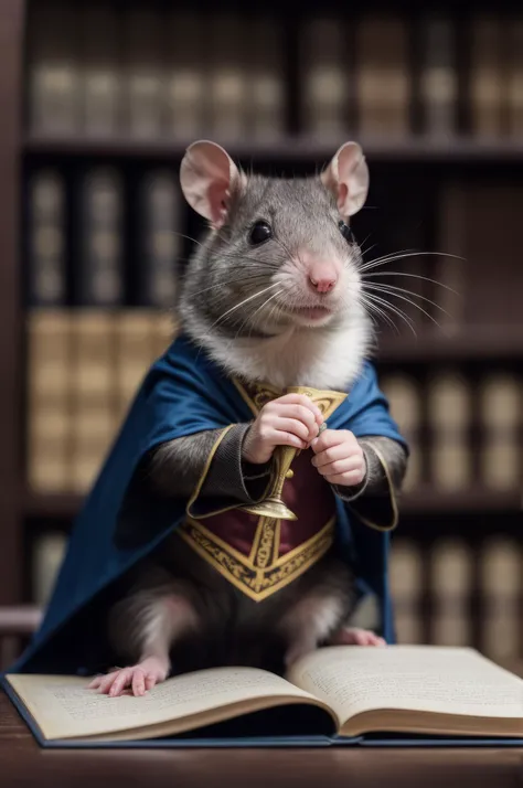 photo of a small anthropomorphic rat wearing a hogwarts costume, masterpiece, hogwarts classroom, ultra-quality, hyperrealistic, RAW photo, highly detailed, 4k, medium shot, cinematic photography, natural texture, action shot, XF IQ4, 150MP, 50mm, ISO 1000...