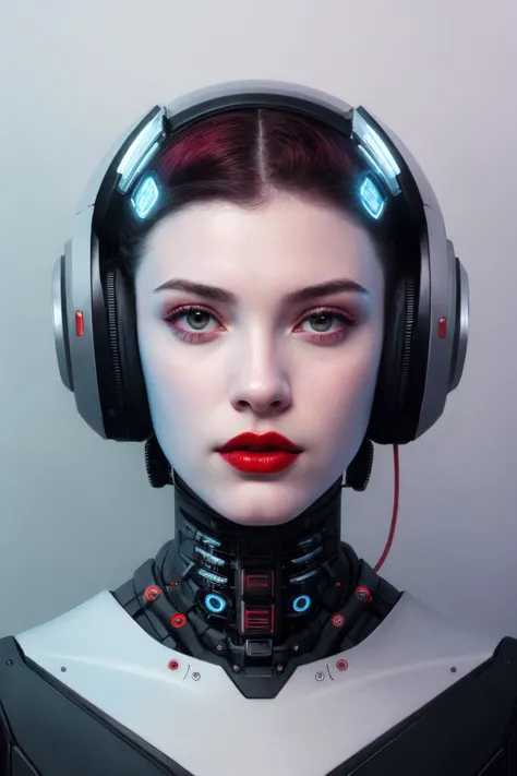 Portrait of a girl with red lipstick and a parallel mind electro brain half robot cyberpunk nural network on her brain, very coherent, painted by Edward Hopper, Wayne Barlowe, painted by James Gilleard, airbrush, art by JamesJean