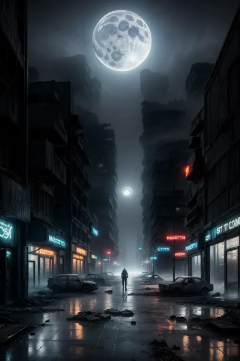 dark futuristic scenery, atmospheric fog, moonlight, futuristic city, dirty streets, trash on street, run down buildings, (postapocalyptic city:1.3) <lora:add_detail:0.6>