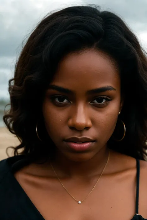 beautiful young black woman, devastated facial expression, close up on face, under overcast lighting, from above, shot on a Bolex H16