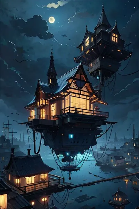 building, <lora:FloatingBuildings:1> floating, night sky, village, moon, no humans, (perfect anatomy:1.10), (masterpiece, best quality:1.21)