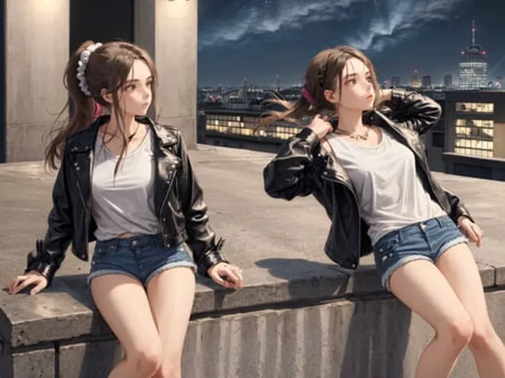 (1girl), hair scrunchie, hairpin, sidelocks, brunette,  leather jacket, denim shorts,  building, rooftop, night sky,