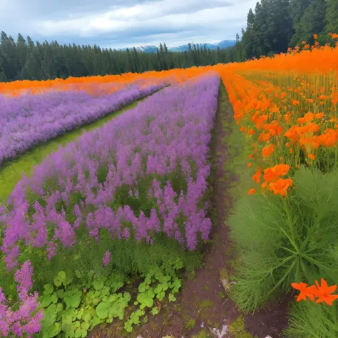 a close up of a field of flowers with a dirt path