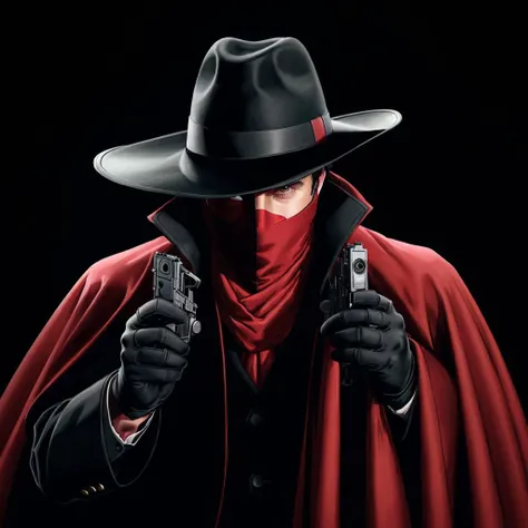 ((a man hiding in the shadow only his face is barly visible, )),Highly detailed,masterpiece, best quality, photorealistic,  <lora:TheShadowLora:0.5> 1boy, hat, weapon, gun, gloves, holding weapon, handgun, scarf, mask, fedora, dual wielding, trench coat, r...