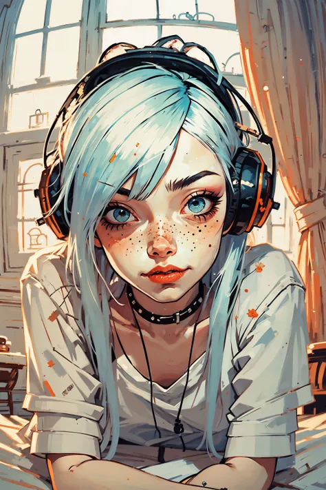 anime girl with headphones and blue hair laying on a bed