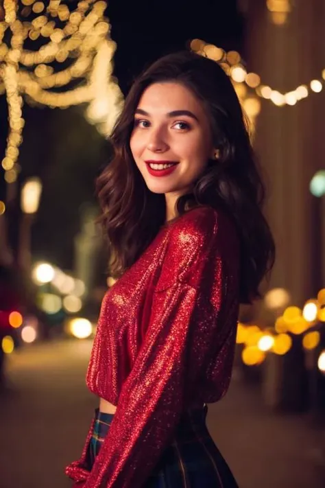 Film still, cinematic, fashion editorial portrait of a cute woman, Christmas lights, smiling, full body, motion blur, slow shutter speed, bokeh, shot on film, sharp focus, shot on canon, vibrant tones, colorful, low key, (detailed skin texture, detailed ey...