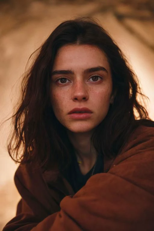 Film still, cinematic, fashion editorial portrait of a cute scared woman, sitting theared weared dirty clothes on ground, brown pastel hair, dark lights, in a dungeon, room as background, suffer, chained, dirt, ((full body)), motion blur, slow shutter spee...