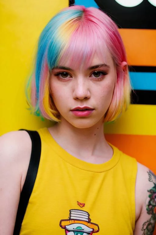 Film still, cinematic,, flash photography, 2005 cute emo woman by sachin teng, scene girl, pastel hair, vibrant yellow background, 80s art by ettore sottsass and shiro kuramata, sharp focus, detailed skin texture, detailed eyes,