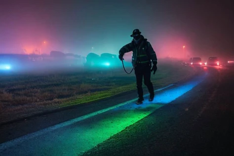 Capture a photo of colored mists illuminated by shining headlamps with a figure emerging from the swirling fumes