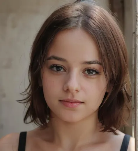 a close up of a woman with a black top and a black top