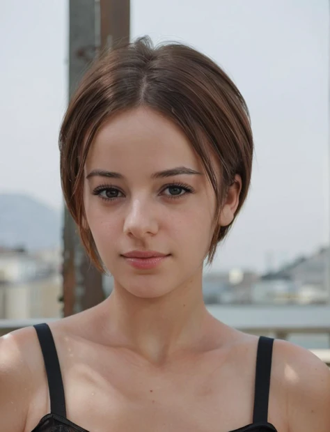 a close up of a woman with a black top and a black bra