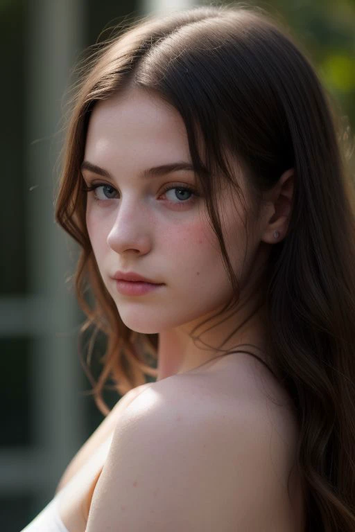 a close up of a woman with long hair wearing a white dress