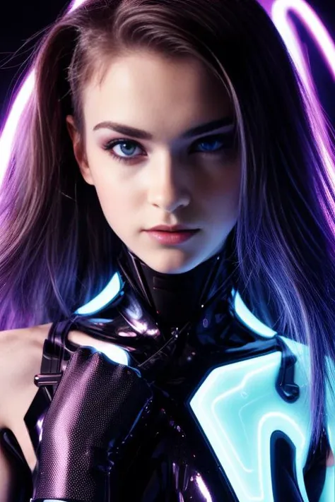 a close up of a woman in a futuristic outfit with a neon light