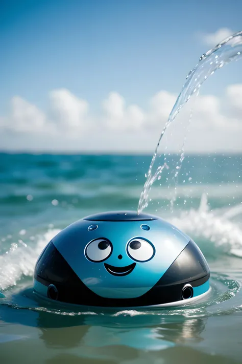 cute robot surfacing from the water, wet, water drops, big eyes, happy face, ocean, cinematic,