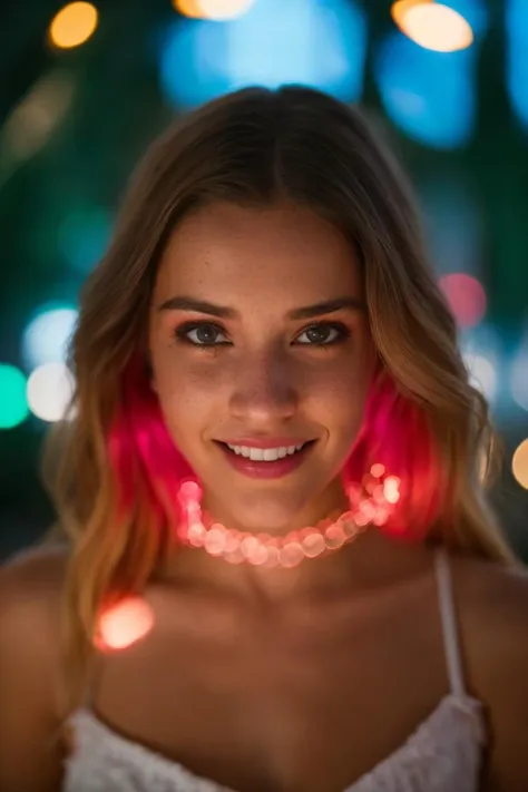 a woman with pink hair and a necklace is smiling