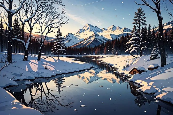 Peaceful winter day, snowy landscape, serene atmosphere, winter wonderland, glistening snow, quietude, frosty air, calm and stillness, snowy peaks, icy beauty, winter mountains, crystal-clear skies, sunlit snowdrifts, frozen lakes, snow-covered trees, cozy...