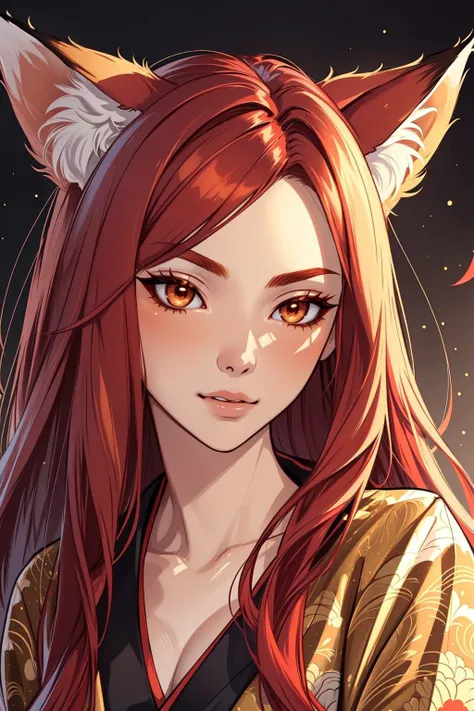 ((masterpiece)), ((best quality)), detailed background, detailed face, 1girl, kitsune, mystical, fox-like, triangular face shape, golden eye color, long flowing red hair with fox ears, ornate kimono, enigmatic expression, enchanting feeling of the image.  ...