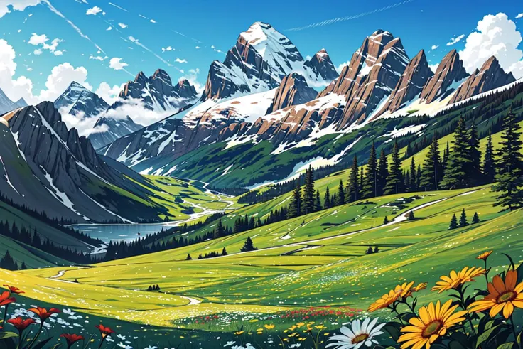 Peaceful summer day, mountain landscape, scenic view, serene atmosphere, majestic peaks, lush greenery, blue skies, sunny weather, tranquil setting, mountain range, idyllic scenery, breathtaking vistas, outdoor adventure, hiking trails, wildflowers, gentle...