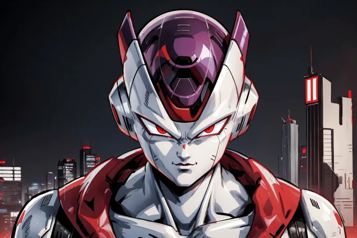 portrait, solo, upper body, looking at viewer, detailed background, detailed face, 1boy, frieza, male focus, red eyes, solo, <lora:CHAR_ANI_DBZFrieza:0.55>, cyberpunk, cybernetic, robotic, square, angular,  <lora:STYLE_nijiMecha:0.3>