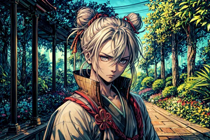 masterpiece, best quality, colorful, bold, anime, illustration,  portrait, solo, upper body, looking at viewer, detailed background, detailed face, Devoted samurai, compassionate eyes, bun hairstyle, humble attire, steadfast expression, peaceful garden, gu...