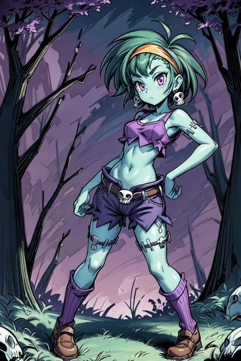 thick outlines, comics, photorealistic, 1girl, solo, <lora:rottytops-nvwls-v1:0.9>, rottytops, hairband, skull earrings, purple crop top, belt, short shorts, purple socks, boots, night, wood carriage, skeletons, skulls, dark forest, purple grass, dark tree...