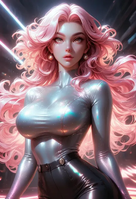 score_9,score_8_up,score_7_up, 8k, skindentation, large breasts, cleavage, long pale glittery pink hair, glowing holographic hai...