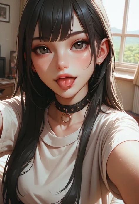 score_9, score_8_up, score_7_up, 1girl, long hair, black hair, bangs, white shirt, choker, indoors, playful expression, tongue o...