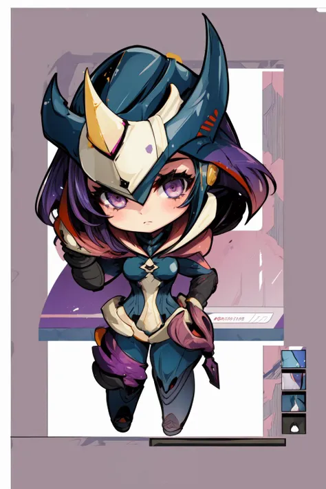 masterpiece,best quality,2d,1girl,chibi,Saryn,helmet,purple hair,standing,<lora:CHAR-Warframe-Saryn-V2-10-True_Might:0.7>,<lora:GTChibi:0.7>,