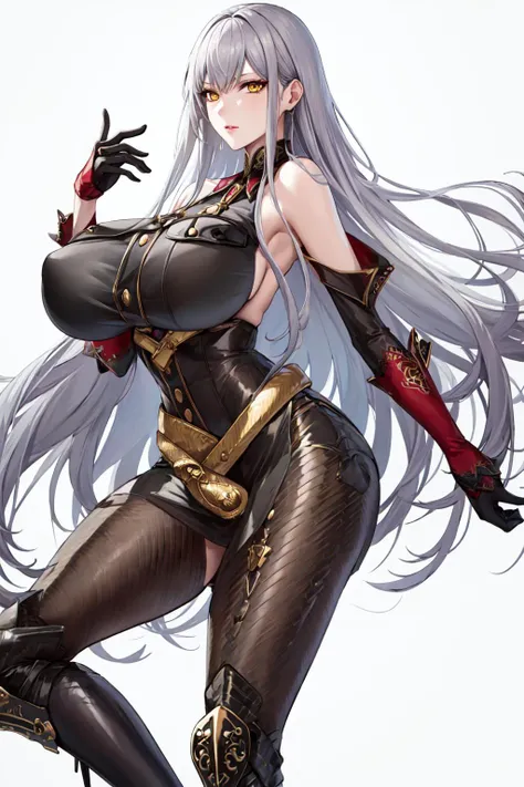 masterpiece, best quality, selvaria,  <lora:selvaria-nvwls-v2:1>, Yellow eyes, huge breasts, looking at viewer,  white background, black shirt, bare shoulders, detached sleeves, belt, black pants, black gloves, high heel boots