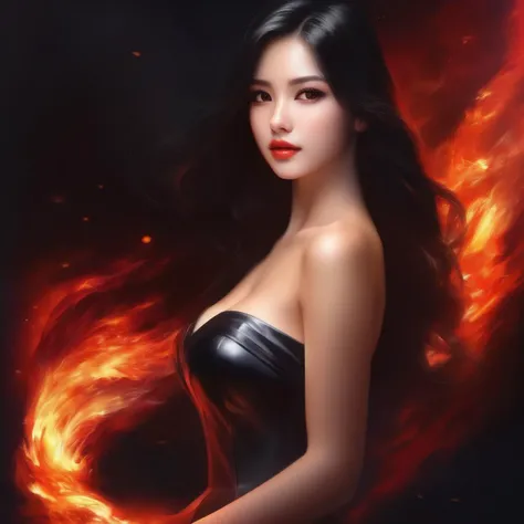 liquid fire,shjr,1girl,solo,long hair,breasts,looking at viewer,black hair,dress,cleavage,bare shoulders,medium breasts,standing,collarbone,hand up,lips,strapless,strapless dress,realistic,red lips,liquid fire,