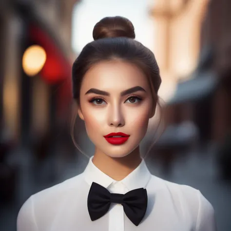 hair bun,bowtie,white shirt,portrait,outdoors,city,red lipstick,eyeliner,eye shadow,blush,best quality,masterpiece,extreme details,high resolution,detailed eyes,beautiful eyes,detailed face,beautiful face,photo of the most beautiful artwork in the world,pr...