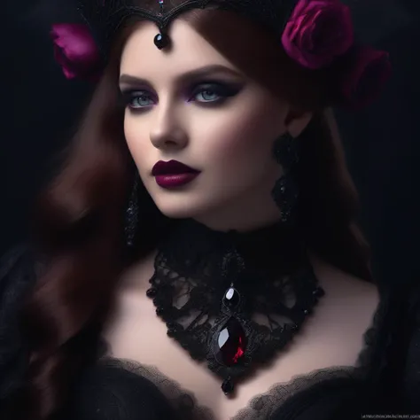 Gothic romance fashion portrait, goth woman adorned in black dress with black tulle and lace against a dark background, embellished with ruby and amethyst jewelry, macro photography, close-up, intricate details, sharp focus, studio setting, hyper-detailed,...