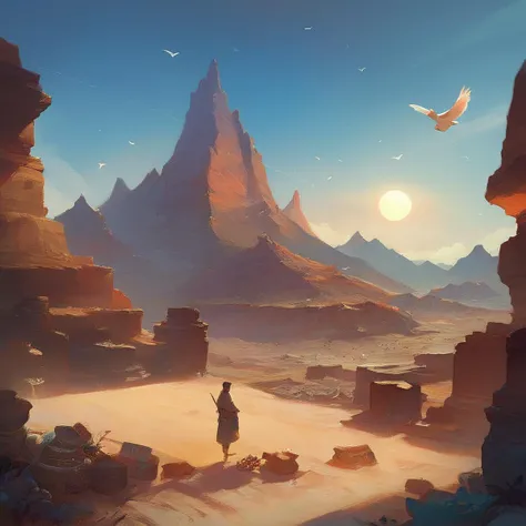 score_9,score_8_up,score_7_up,score_6_up,
Picture of a character in a desert sand clothing, remains of civilization, sun, birds, lights, one_mountain,