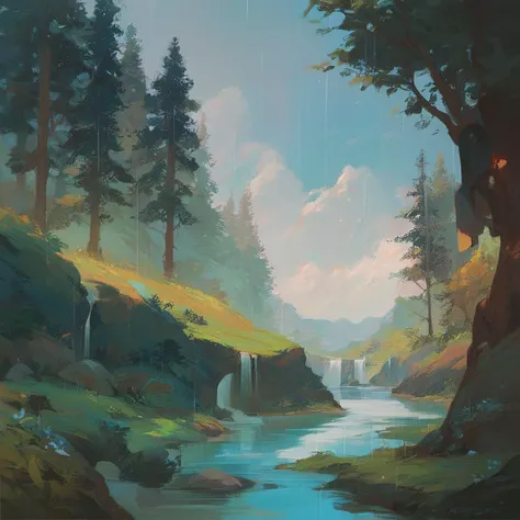 a painting of a river running through a forest next to a forest