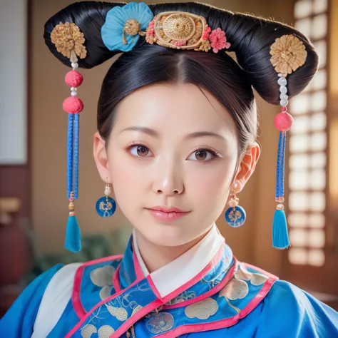 a close up of a woman wearing a blue dress and a blue hat