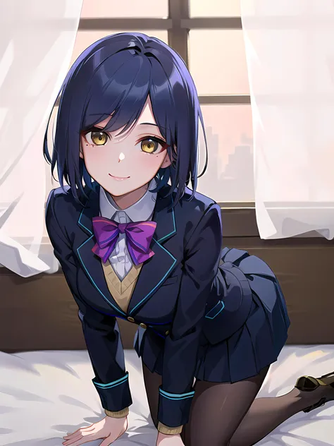 anime girl in a school uniform kneeling on a bed