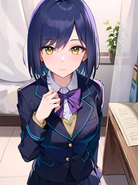 anime girl in uniform with purple bow tie and blue jacket