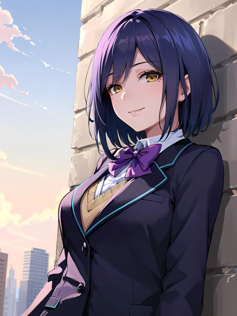 anime girl with purple hair and blue eyes standing in front of a brick wall