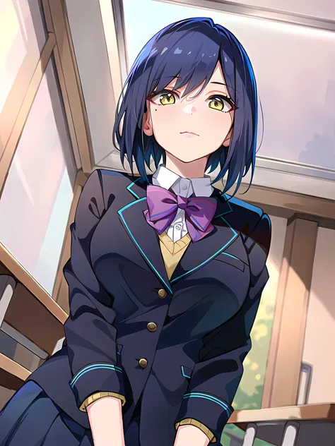 anime girl in uniform with purple bow tie and blue jacket