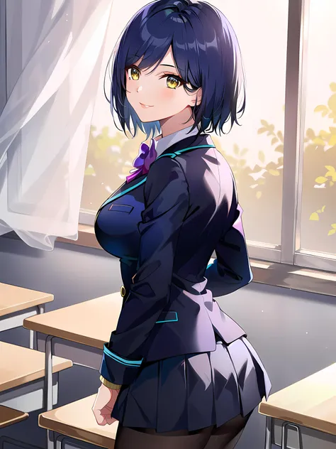 anime girl in a school uniform standing in front of a window