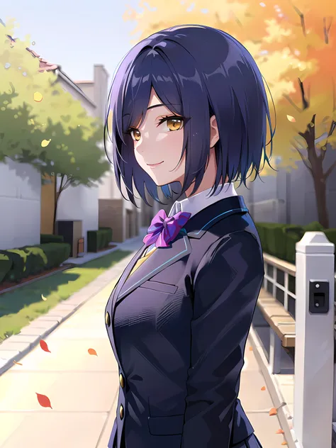 anime girl in a purple dress standing on a sidewalk