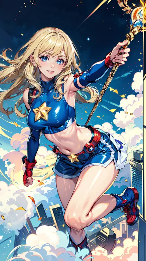 <lora:dcstargirl:0.7>, (((flying in the sky))), stargirl-outfit, star emblem, sehele style, <lora:sehele:0.4>, smiling, blonde long hair, blue eyes, midriff, shorts, holding 1goldenstaff, (dynamic pose), (dynamic angle), superhero, 8k, 16k, trending on pix...