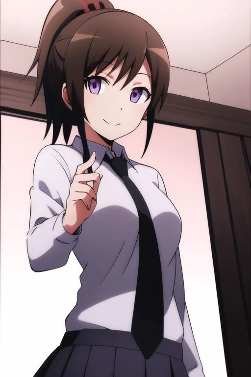 best quality, TokaYadaR4, brown hair, purple eyes, ponytail, shirt, buttons, necktie, pleated skirt, looking at viewer, smile