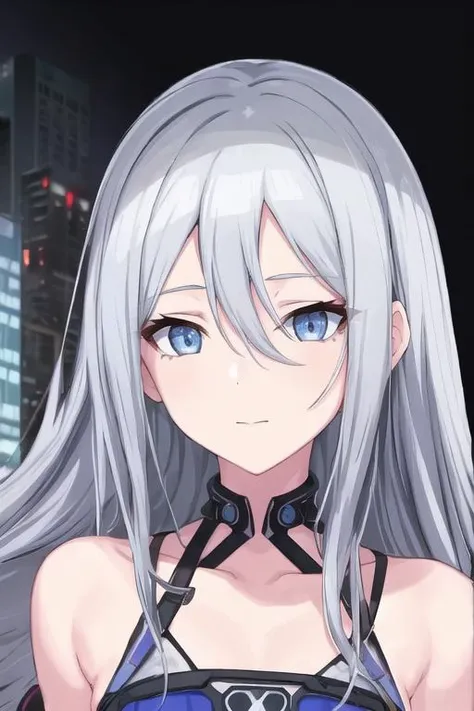 <lora:Kanade3rd-07:0.71>, 1girl, kanade3rd, solo, blue eyes, grey hair, very long hair, hair between eyes, swimsuits, eyeshadow, collarbone, (bare shoulder:0.79), close up, cyberpunk city, (happy:0.91)