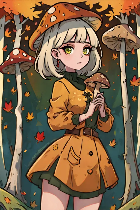 a cartoon girl in a yellow coat holding a mushroom in a forest