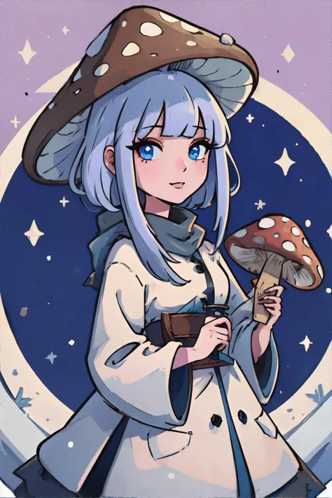 a cartoon girl with blue hair and a hat holding a mushroom