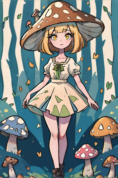 a cartoon girl in a mushroom hat standing in front of a forest