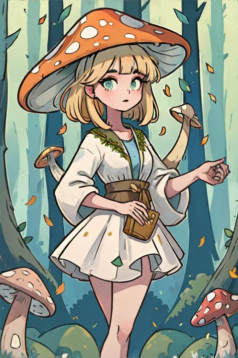 a cartoon girl in a mushroom hat and dress holding a book